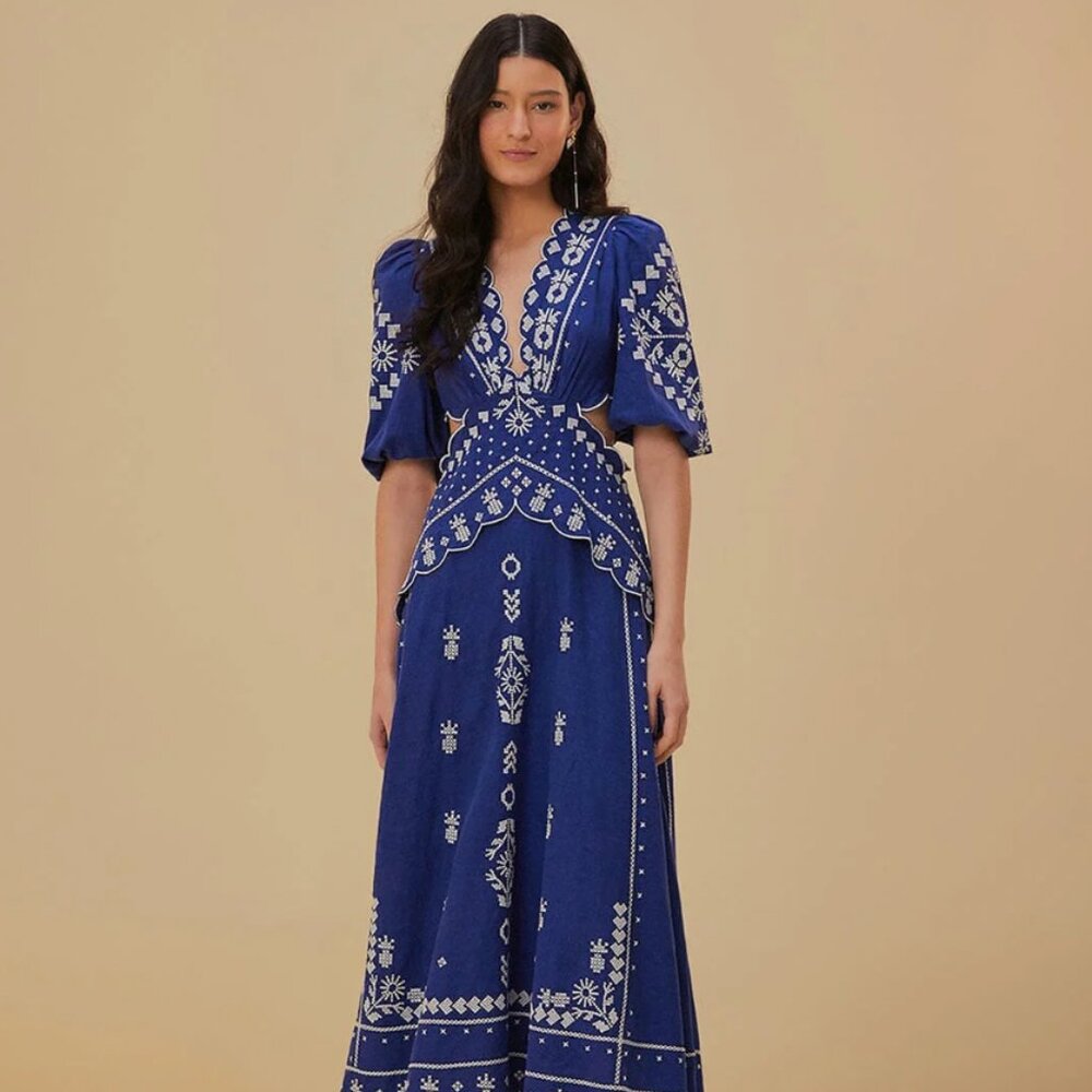 FARM Rio Blue Embroidered Cut Out Midi Dress